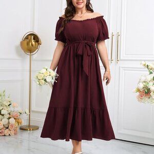 Plus Size Wedding Guest Dress Puff Sleeve Off Shoulder Ruffle Maxi Dress